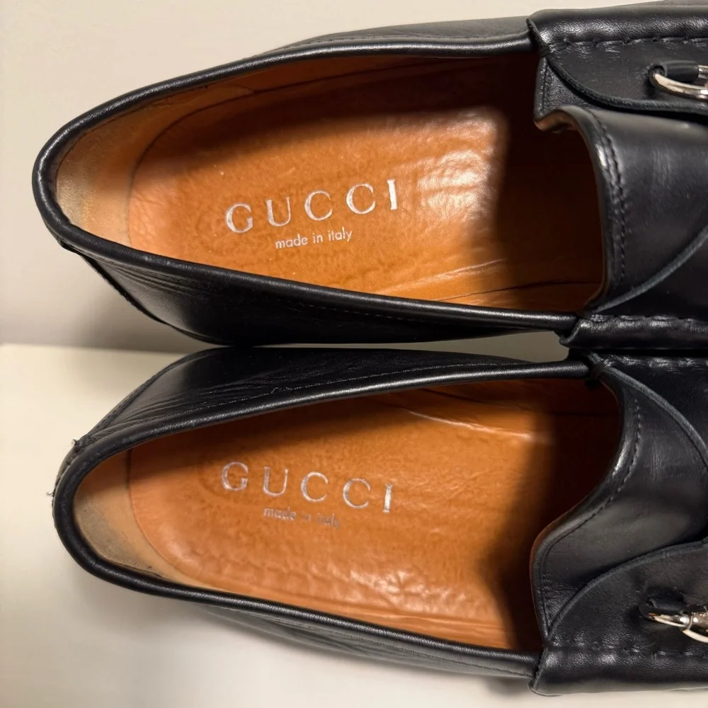 Gucci Horse Bit Lug Sole Black Leather Loafer Men’s Size 12.5 Brass Brown Logo - Picture 9 of 13